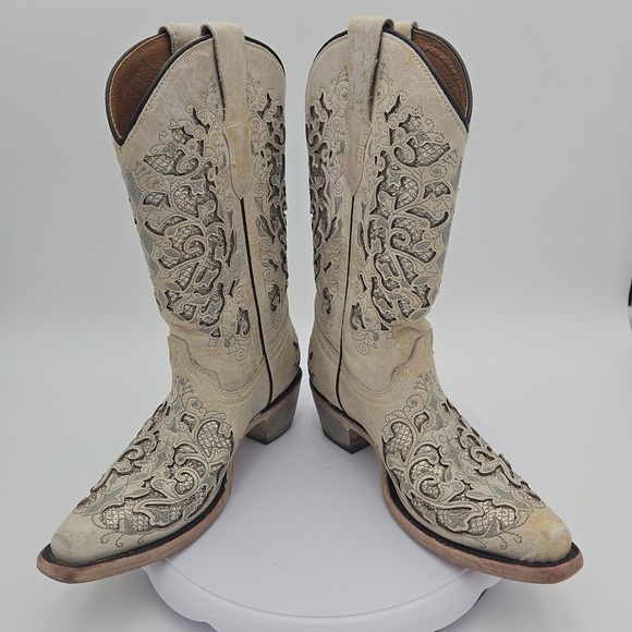 Corral T0021 Cream Glitter Inlay Snip Toe Boots Youth Toddler Wedding Sz 2T *EUC - Picture 2 of 15